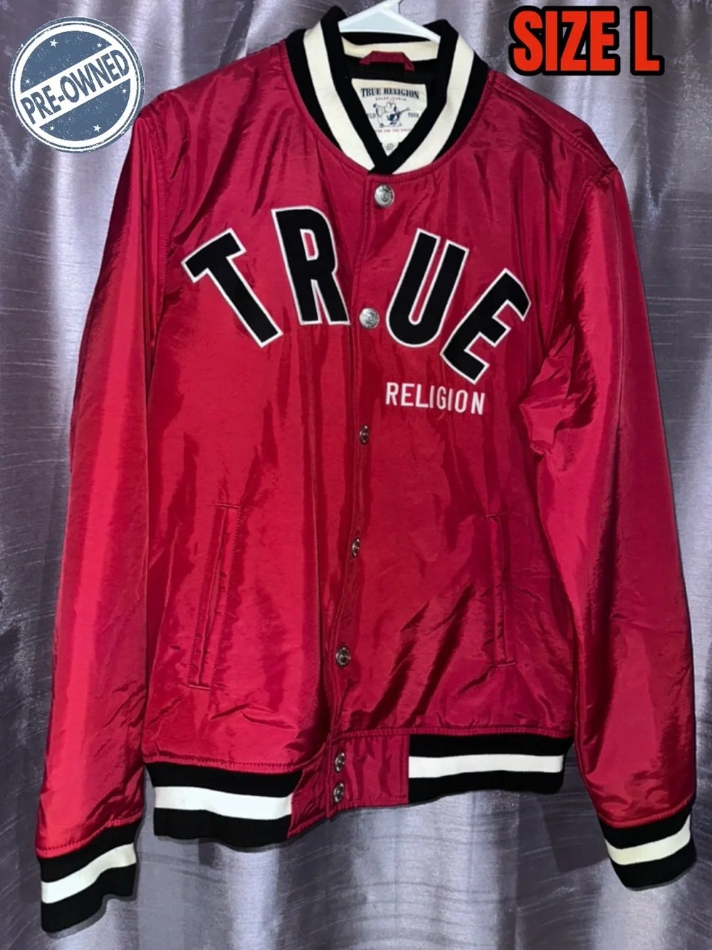 Vintage True Religion Varsity Jacket Size Large Red Varsity Rare Great logo